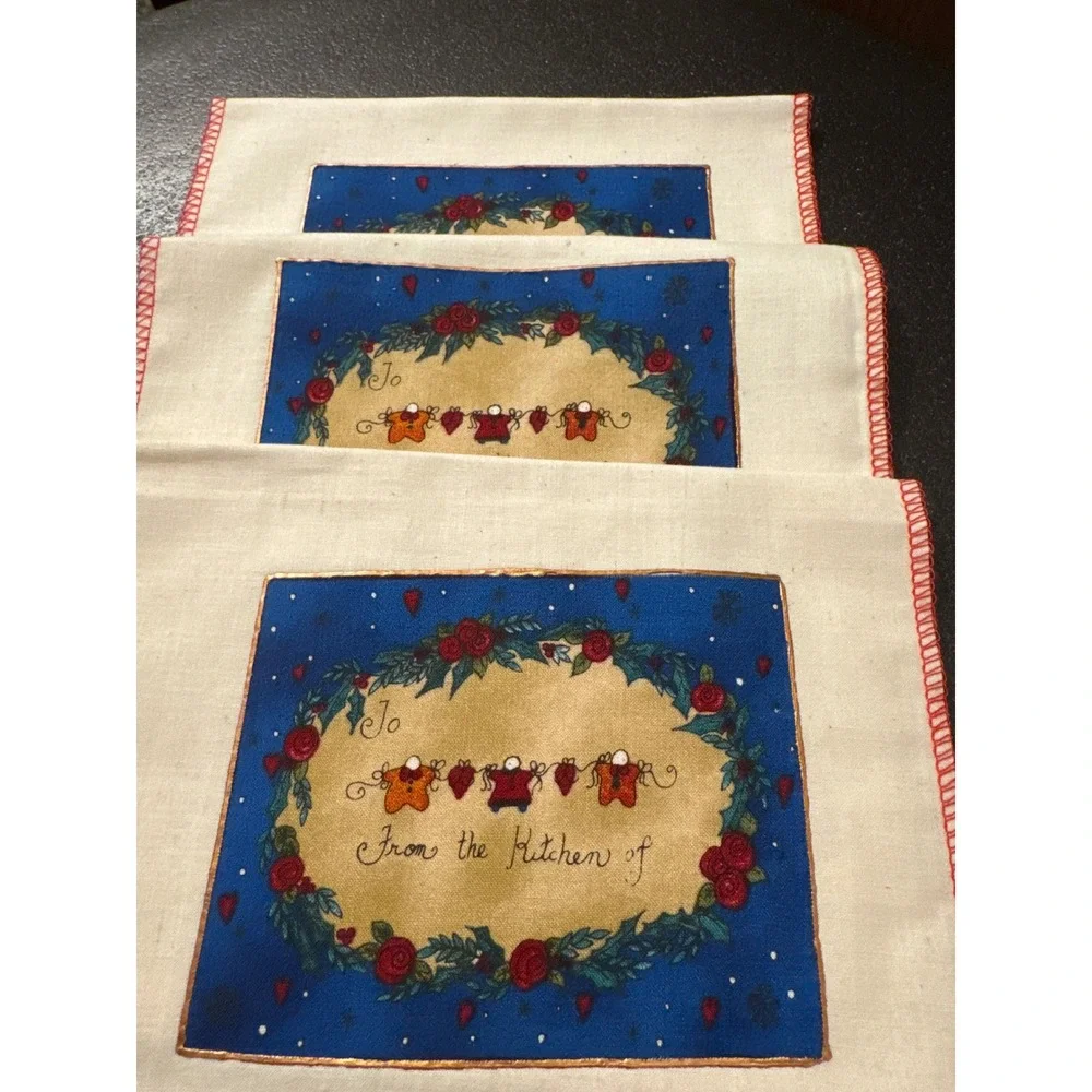 Handmade From the Kitchen of Gingerbread Tea Towels Gift Bags Cream Red Set Of 3